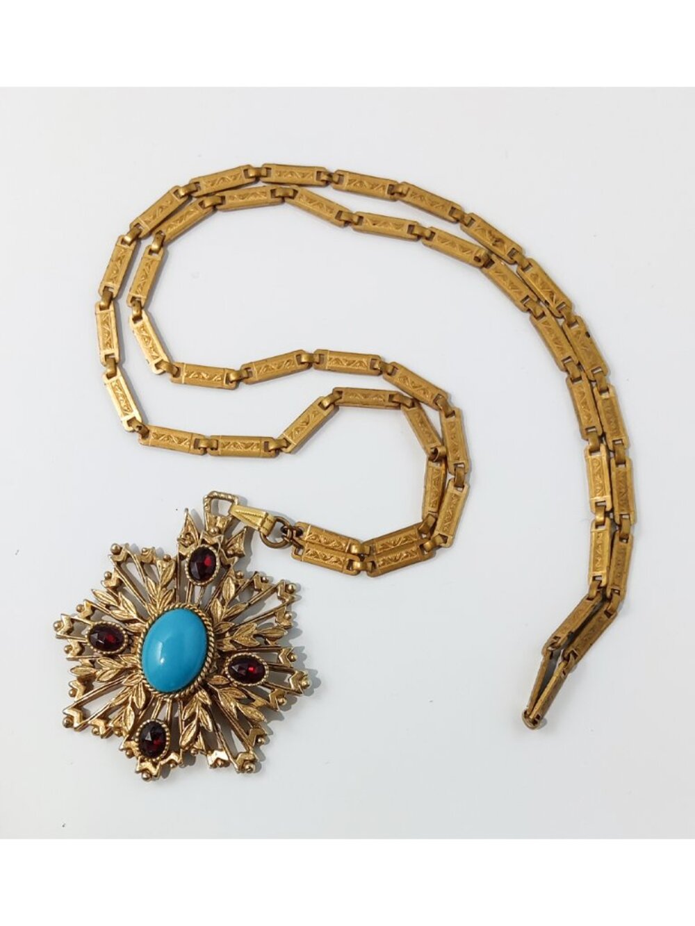 1950s Florenza Gold Tone Maltese Cross Pendant Necklace Faux Turquoise Red Glass